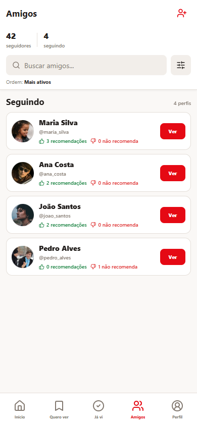 Tela do Cinegram para encontrar e acompanhar amigos