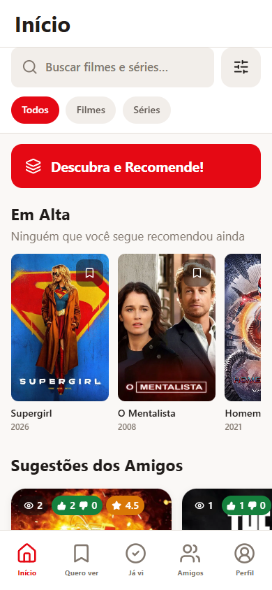 Tela inicial do Cinegram com recomendações dos amigos